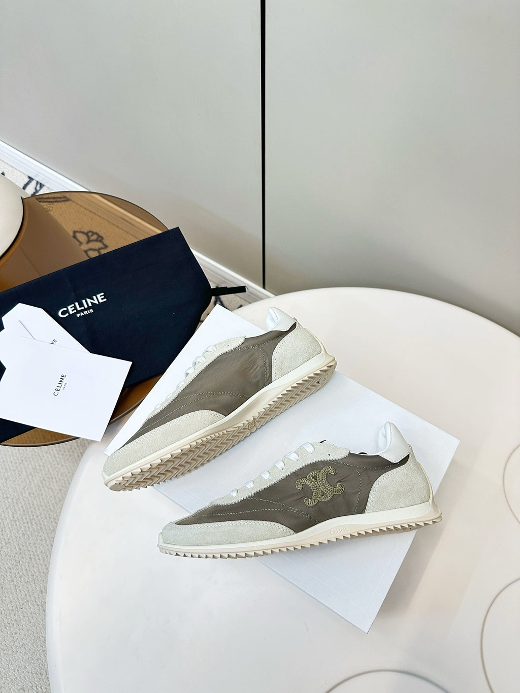 CELINE 25S RACER LOW TOP SNEAKER IN CREAM AND TAUPE GRAY NYLON AND SUEDE