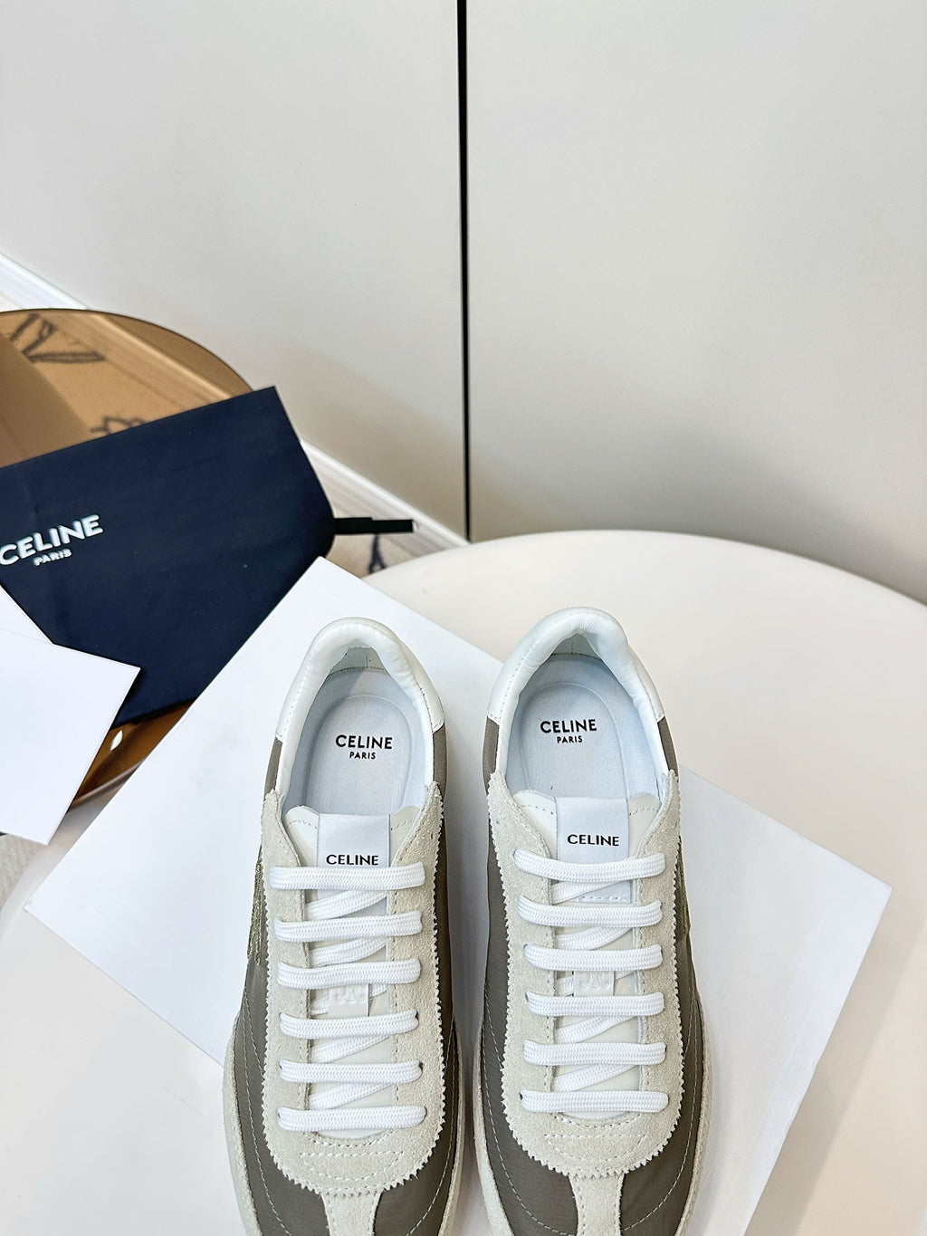 CELINE 25S RACER LOW TOP SNEAKER IN CREAM AND TAUPE GRAY NYLON AND SUEDE