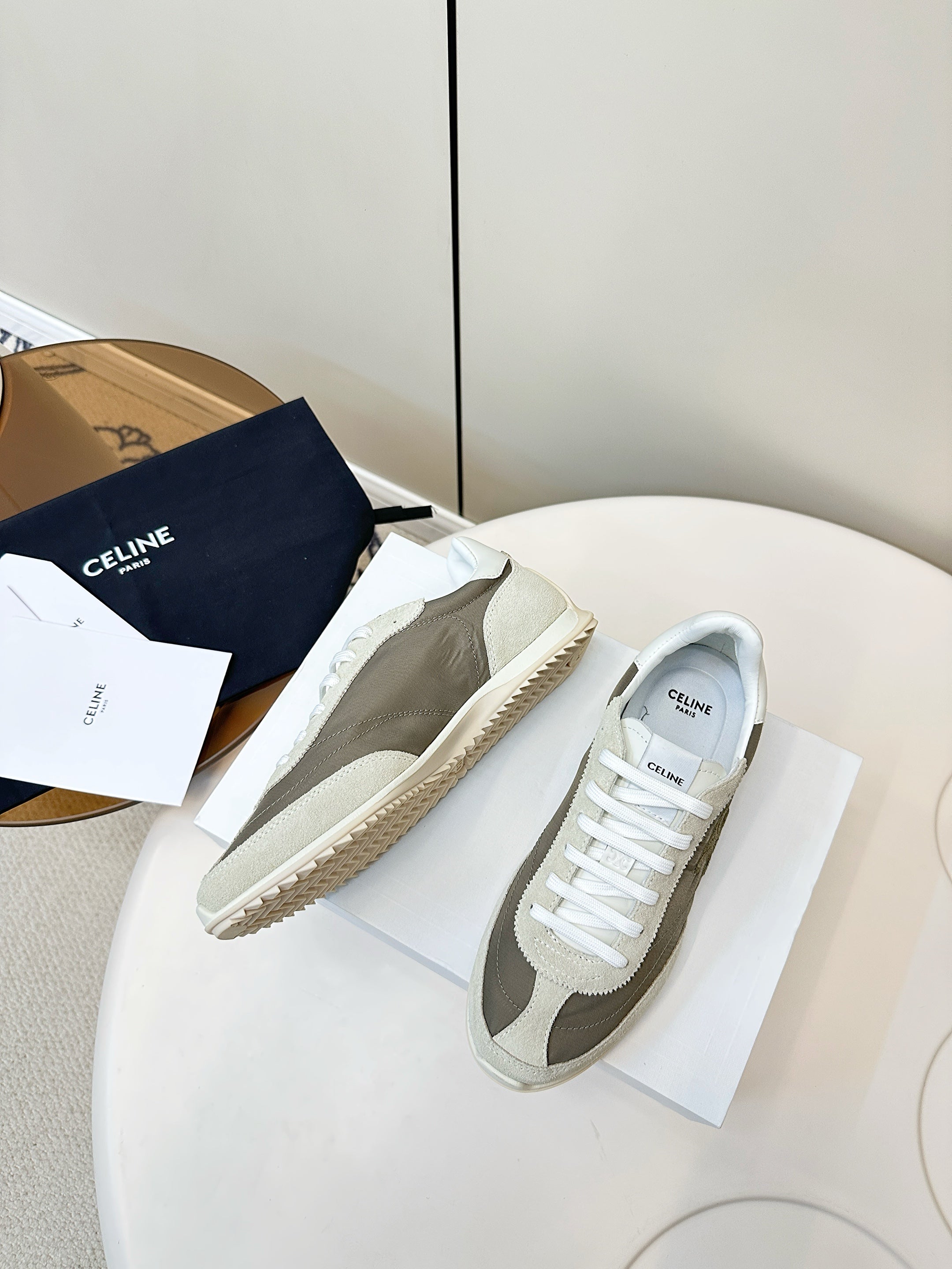 CELINE 25S RACER LOW TOP SNEAKER IN CREAM AND TAUPE GRAY NYLON AND SUEDE