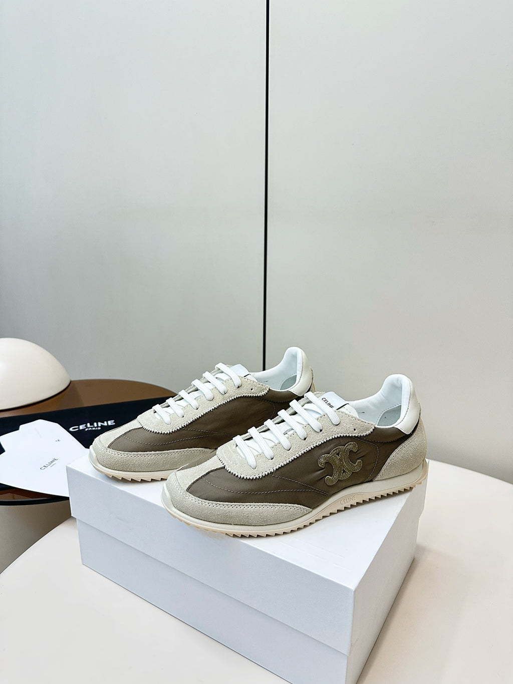 CELINE 25S RACER LOW TOP SNEAKER IN CREAM AND TAUPE GRAY NYLON AND SUEDE