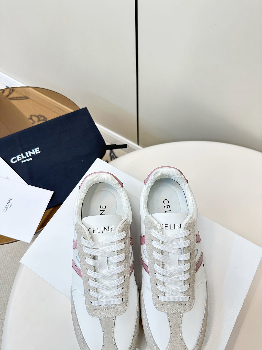 CELINE 25S JOGGER LOW LACE UP SNEAKER WITH TRIOMPHE IN WHITE GRAY SUEDE AND CALFSKIN