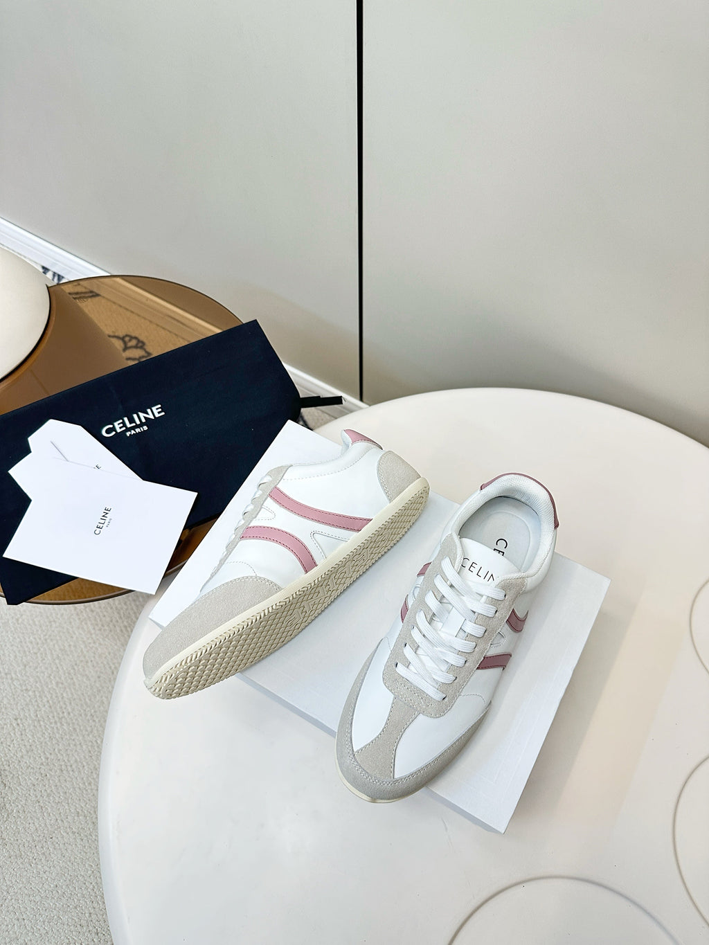 CELINE 25S JOGGER LOW LACE UP SNEAKER WITH TRIOMPHE IN WHITE GRAY SUEDE AND CALFSKIN