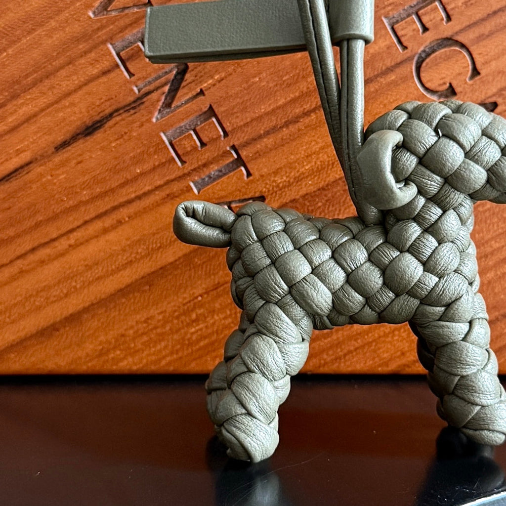 BOTTEGA VENETA 25S DOG CHARM IN GREIGE CALFSKIN