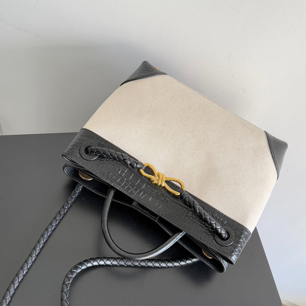 BOTTEGA VENETA 25S MEDIUM ANDIAMO 32 IN IVORY BLACK CALFSKIN AND CANVAS