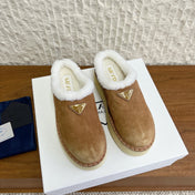 PRADA 25S PLATFORM FUR-LINED MULES IN BROWN SUEDE