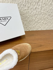 PRADA 25S PLATFORM FUR-LINED MULES IN BROWN SUEDE