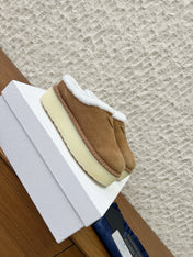 PRADA 25S PLATFORM FUR-LINED MULES IN BROWN SUEDE