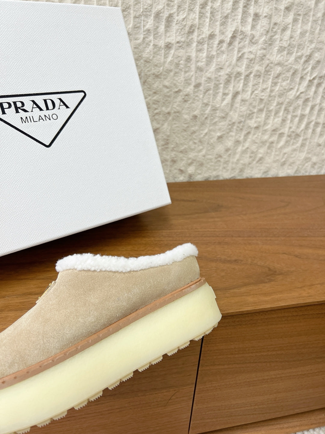 PRADA 25S PLATFORM FUR-LINED MULES IN WARM BEIGE SUEDE