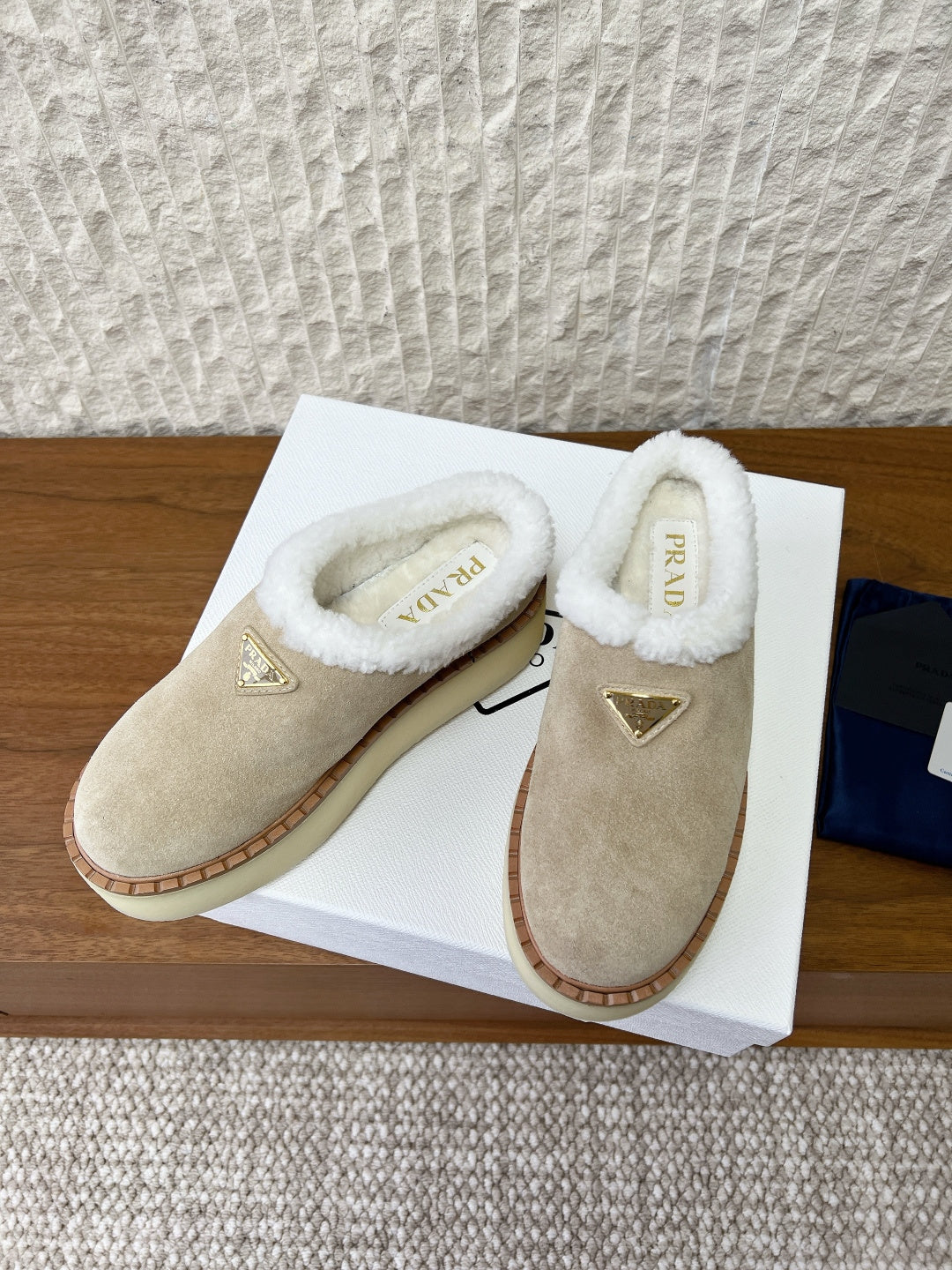 PRADA 25S PLATFORM FUR-LINED MULES IN WARM BEIGE SUEDE