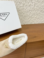 PRADA 25S PLATFORM FUR-LINED MULES IN WARM BEIGE SUEDE