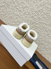 PRADA 25S PLATFORM FUR-LINED MULES IN WARM BEIGE SUEDE