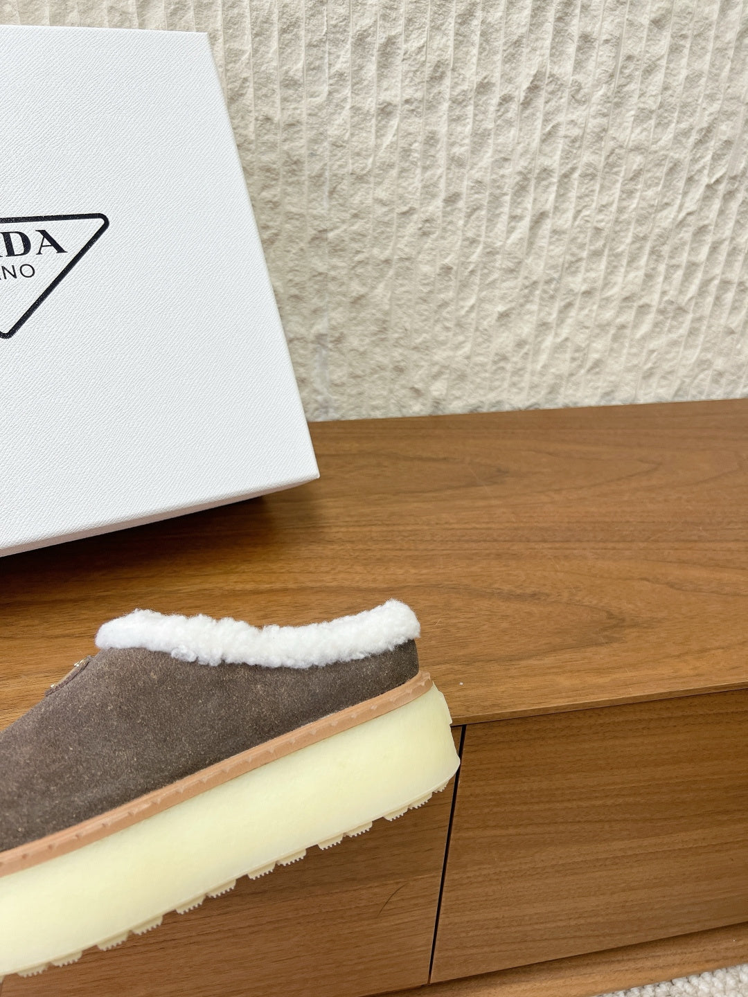 PRADA 25S PLATFORM FUR-LINED MULES IN EARTH BROWN SUEDE