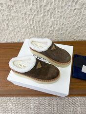 PRADA 25S PLATFORM FUR-LINED MULES IN EARTH BROWN SUEDE