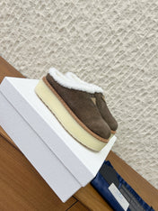 PRADA 25S PLATFORM FUR-LINED MULES IN EARTH BROWN SUEDE