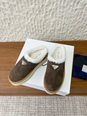 PRADA 25S PLATFORM FUR-LINED MULES IN EARTH BROWN SUEDE