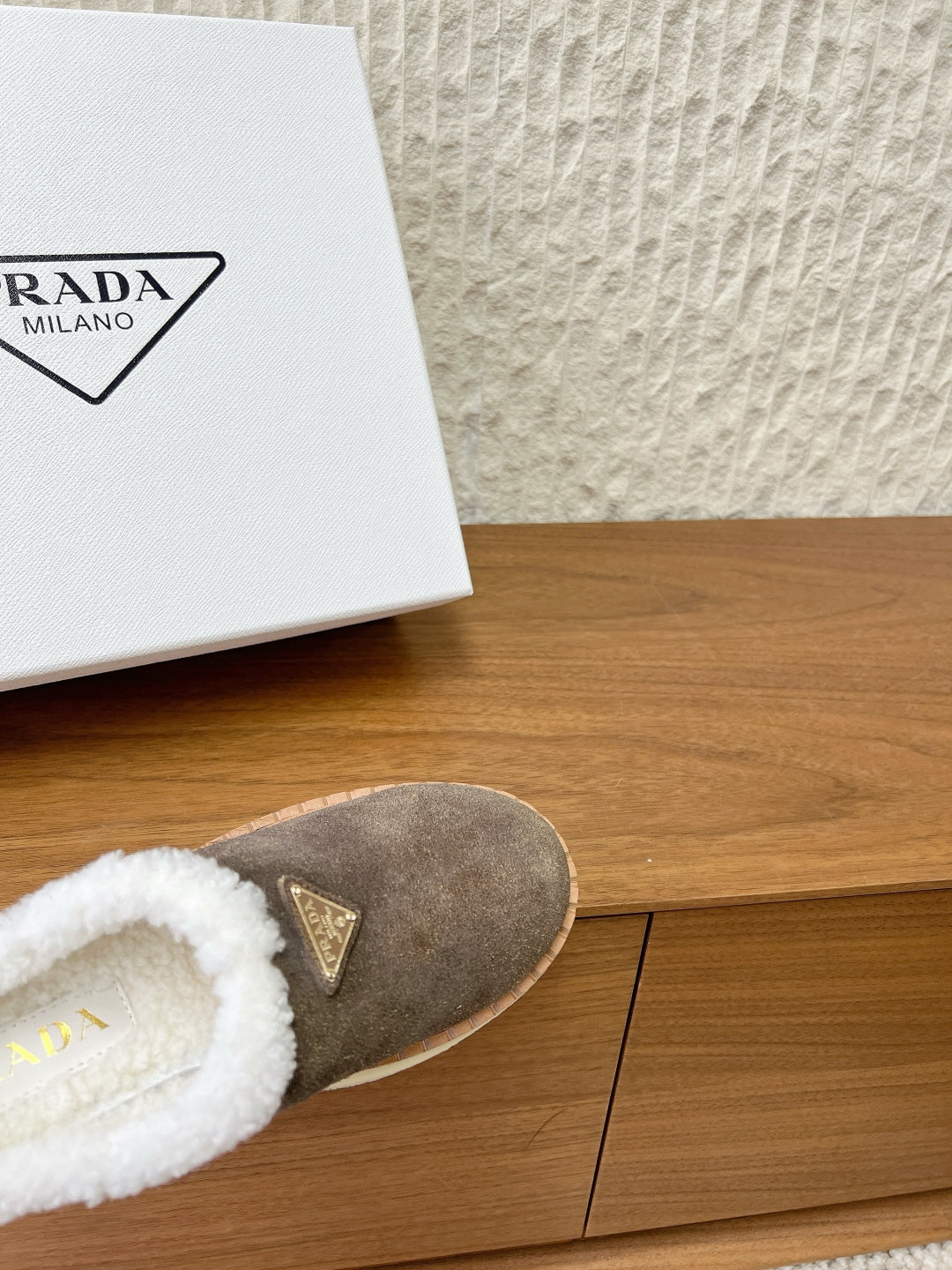 PRADA 25S PLATFORM FUR-LINED MULES IN EARTH BROWN SUEDE