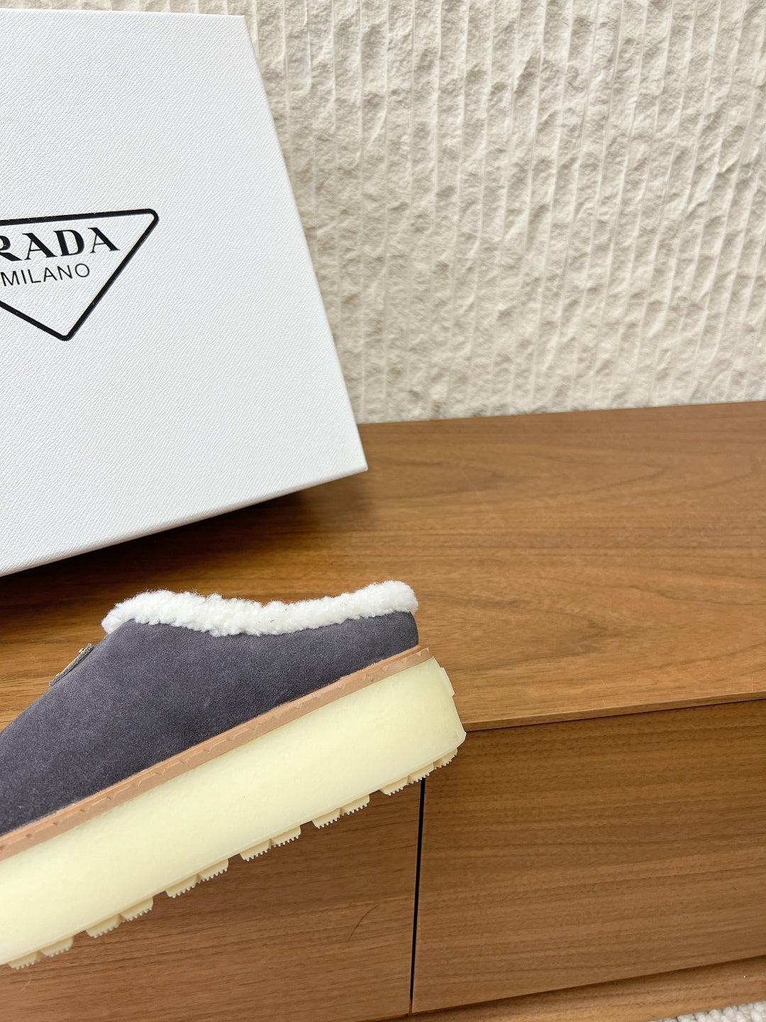 PRADA 25S PLATFORM FUR-LINED MULES IN DARK GREY SUEDE