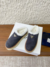 PRADA 25S PLATFORM FUR-LINED MULES IN DARK GREY SUEDE