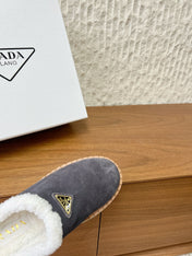PRADA 25S PLATFORM FUR-LINED MULES IN DARK GREY SUEDE
