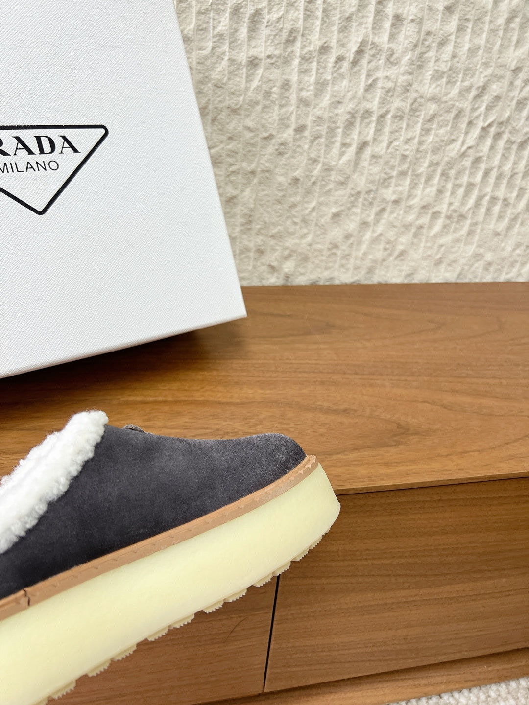 PRADA 25S PLATFORM FUR-LINED MULES IN DARK GREY SUEDE