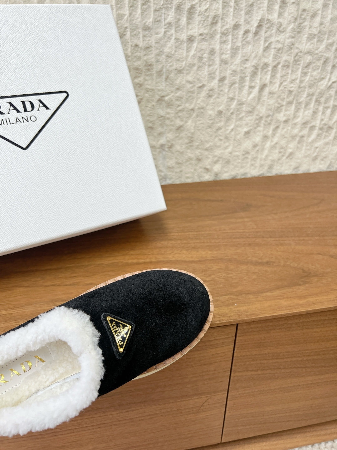 PRADA 25S PLATFORM FUR-LINED MULES IN BLACK SUEDE