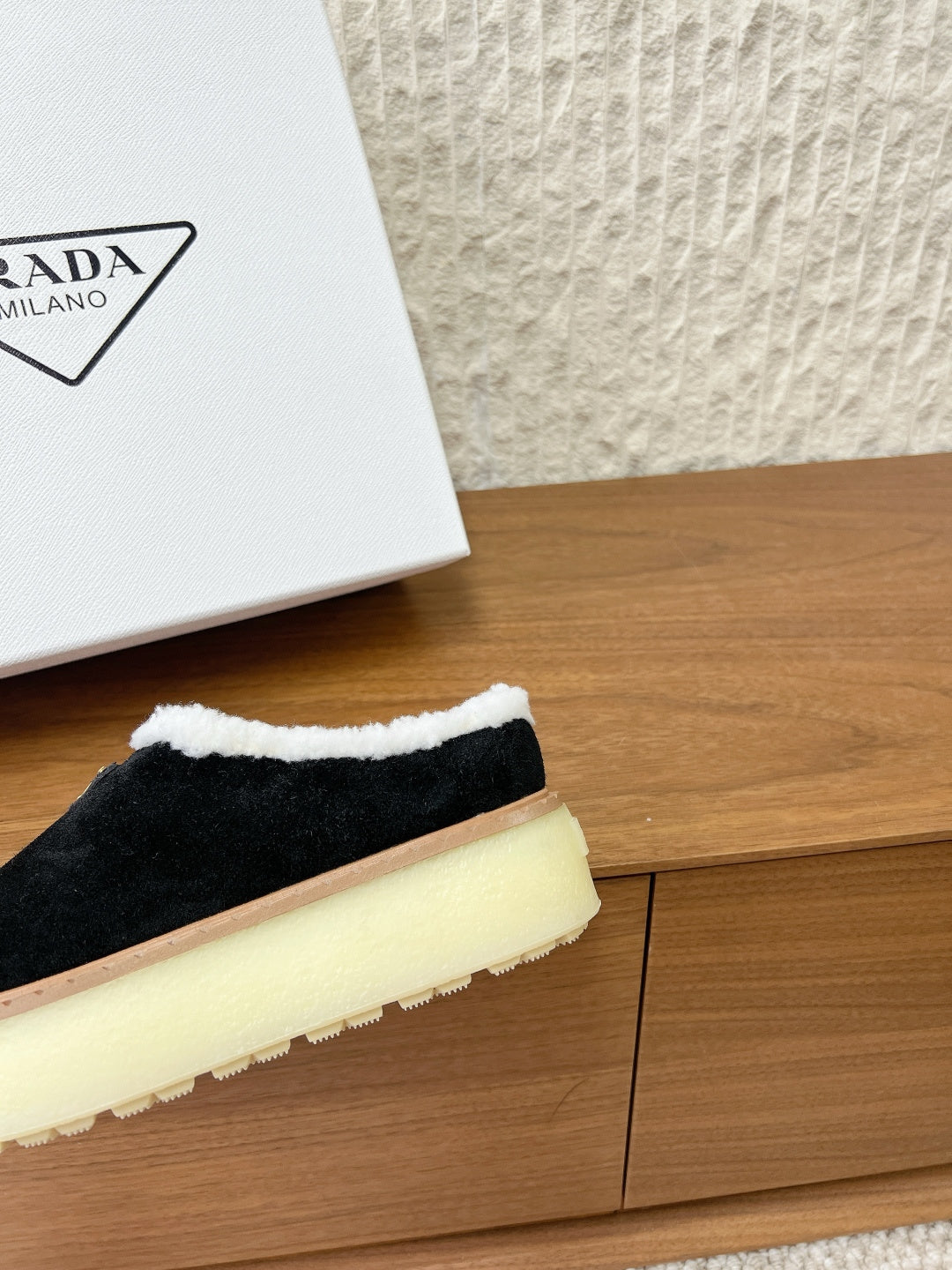 PRADA 25S PLATFORM FUR-LINED MULES IN BLACK SUEDE