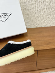 PRADA 25S PLATFORM FUR-LINED MULES IN BLACK SUEDE