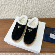 PRADA 25S PLATFORM FUR-LINED MULES IN BLACK SUEDE