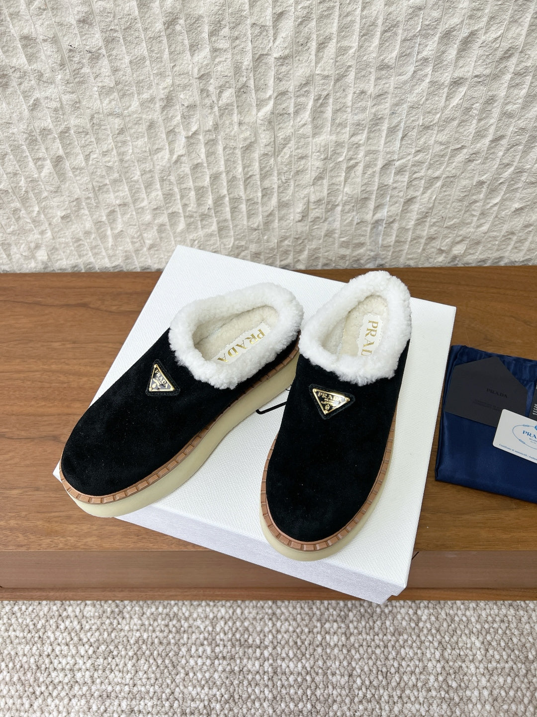 PRADA 25S PLATFORM FUR-LINED MULES IN BLACK SUEDE