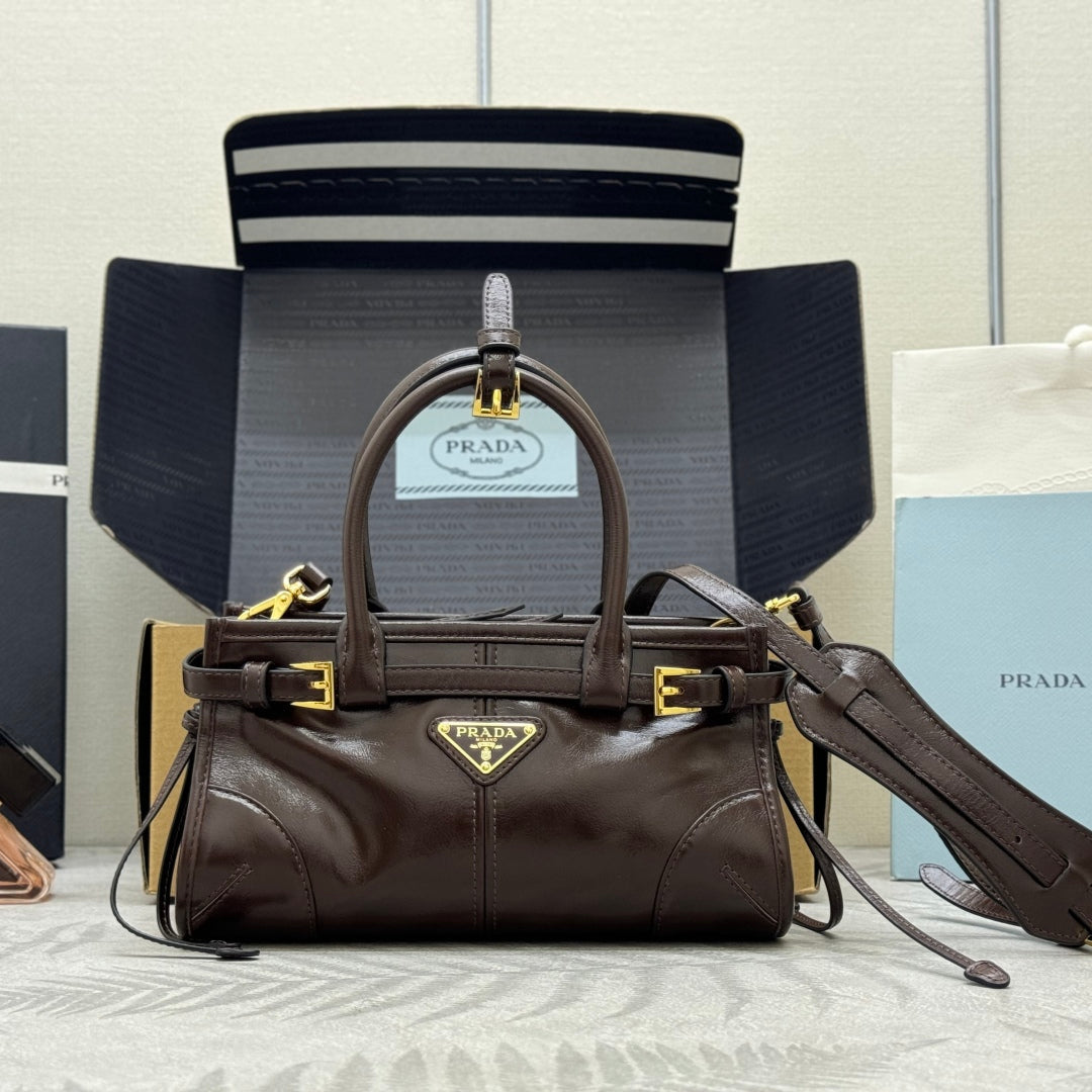 PRADA 25S BONNIE MINI HANDBAG 23 IN DARK BROWN CALFSKIN GOLD HARDWRE