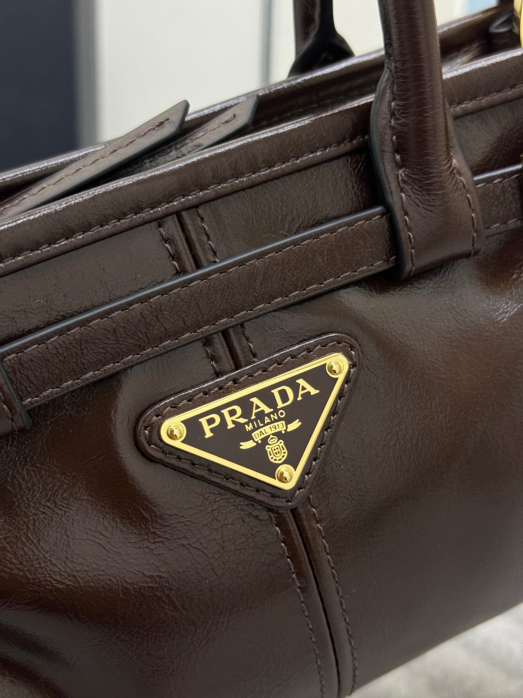 PRADA 25S BONNIE MINI HANDBAG 23 IN DARK BROWN CALFSKIN GOLD HARDWRE