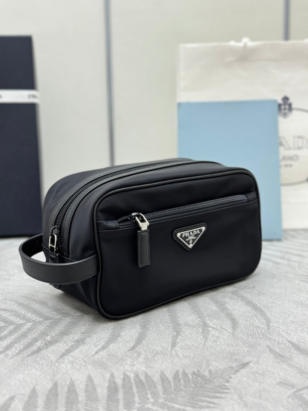 PRADA 25S CLUTCH BAG 22 IN BLACK NYLON SILVER HARDWARE