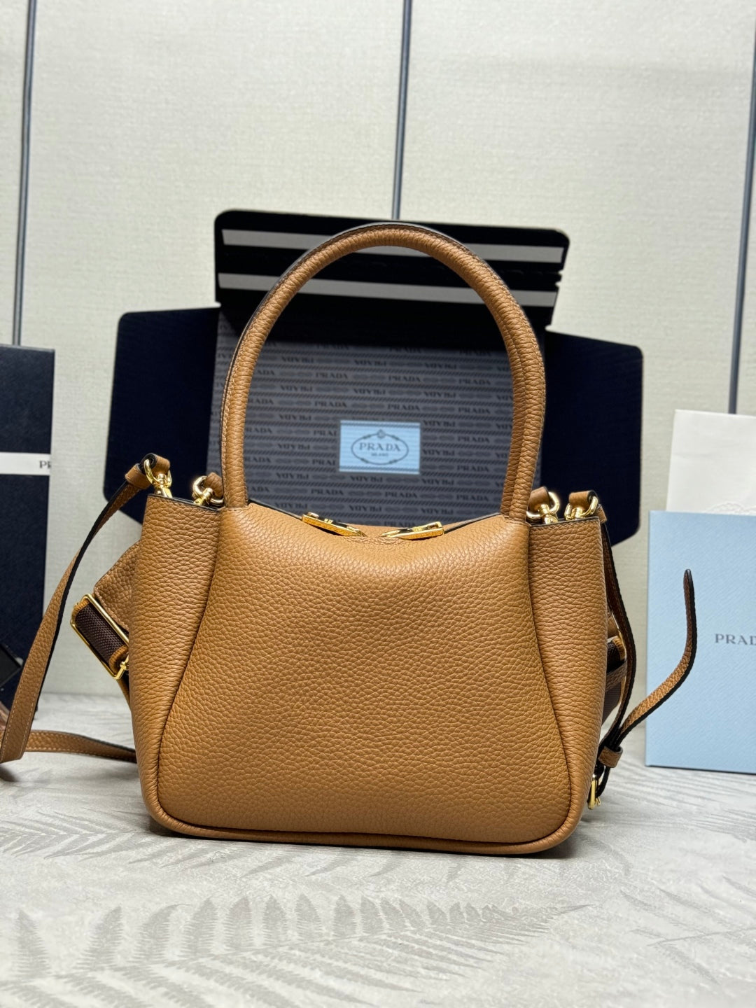 PRADA 25S SMALL BAG 23 IN CARAMEL CALFSKIN GOLD HARDWRE