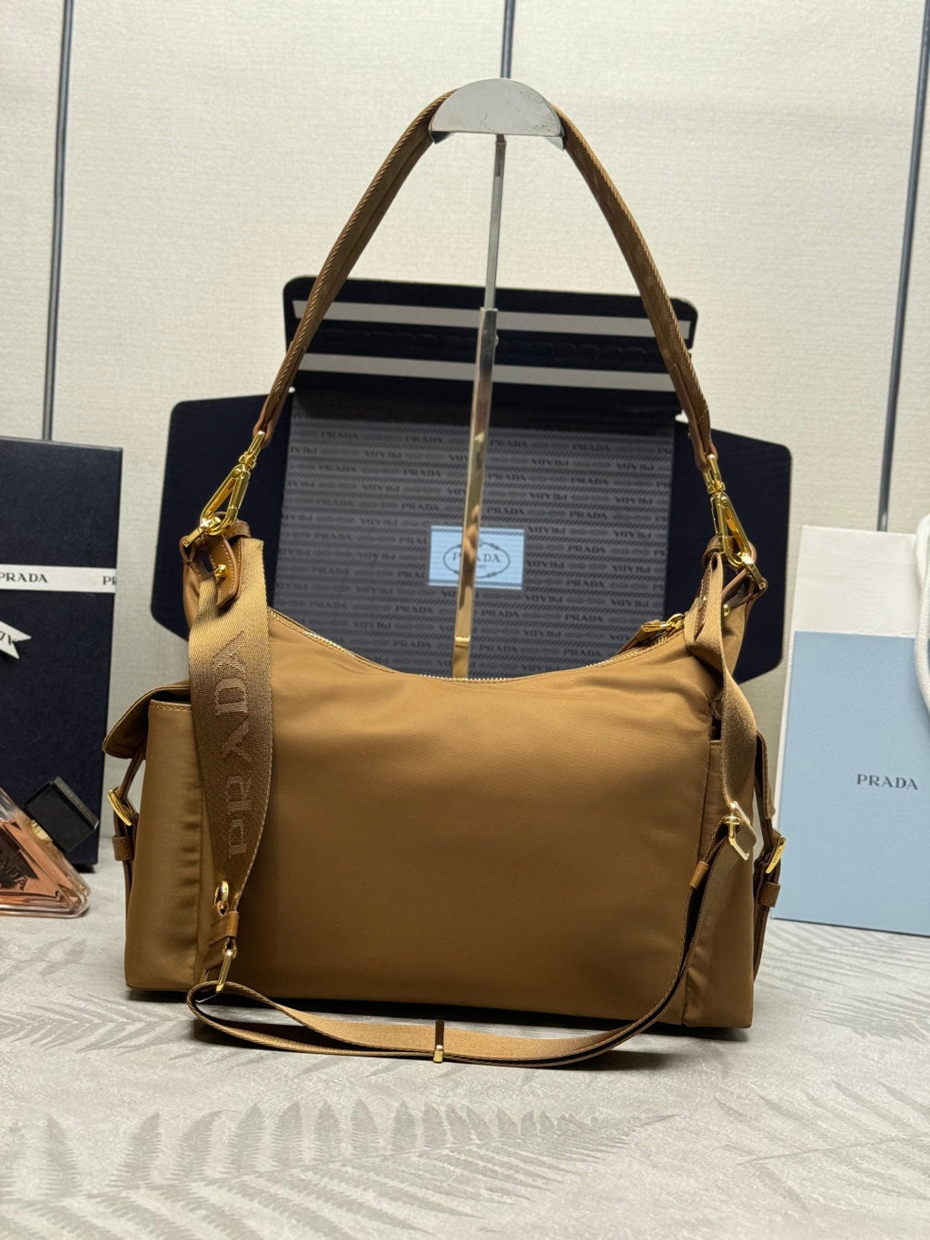 PRADA 25S EXPLORE LARGE RE-NYLON SHOULDER BAG 32 IN BRANDY WITH FLAP