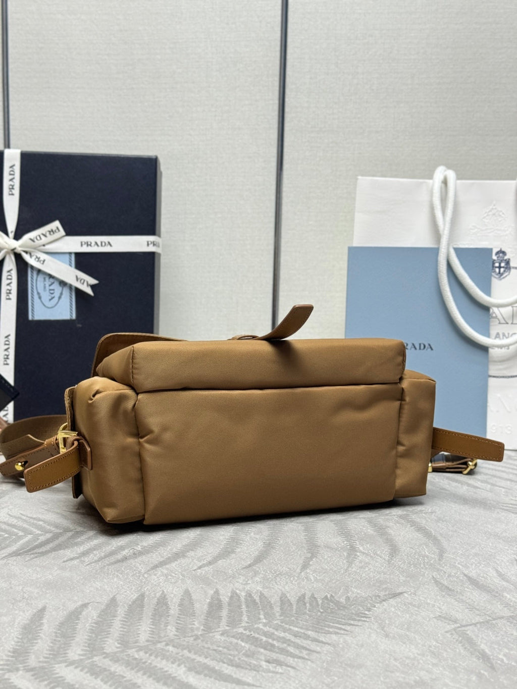 PRADA 25S EXPLORE LARGE SHOULDER BAG 30 IN CARAMEL RE-NYLON WITH FLAP