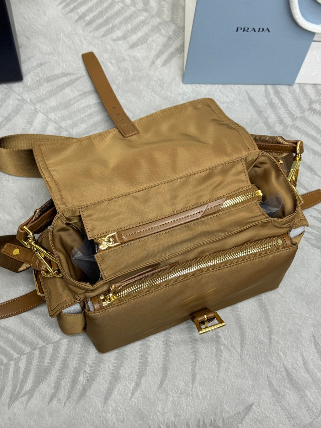PRADA 25S EXPLORE LARGE SHOULDER BAG 30 IN CARAMEL RE-NYLON WITH FLAP