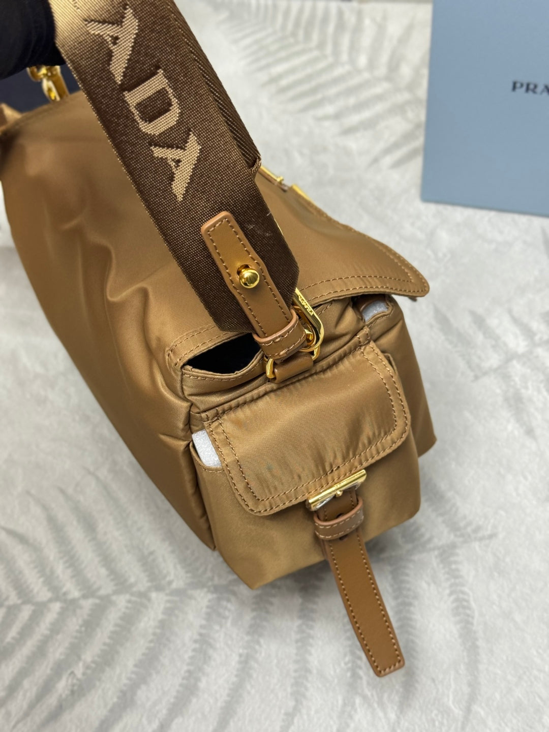 PRADA 25S EXPLORE LARGE SHOULDER BAG 30 IN CARAMEL RE-NYLON WITH FLAP