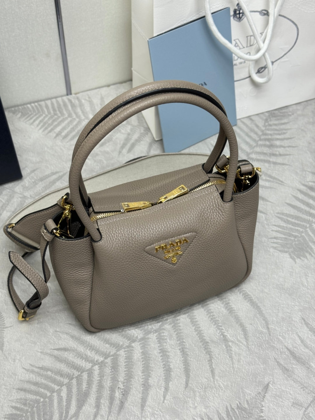PRADA 25S SMALL BAG 23 IN TAUPE CALFSKIN GOLD HARDWRE
