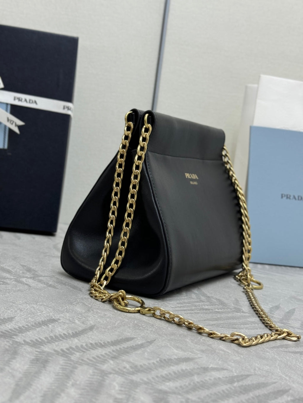 PRADA 25S ENCHAINE MINI BAG 22 IN BLACK CALFSKIN GOLD HARDWARE