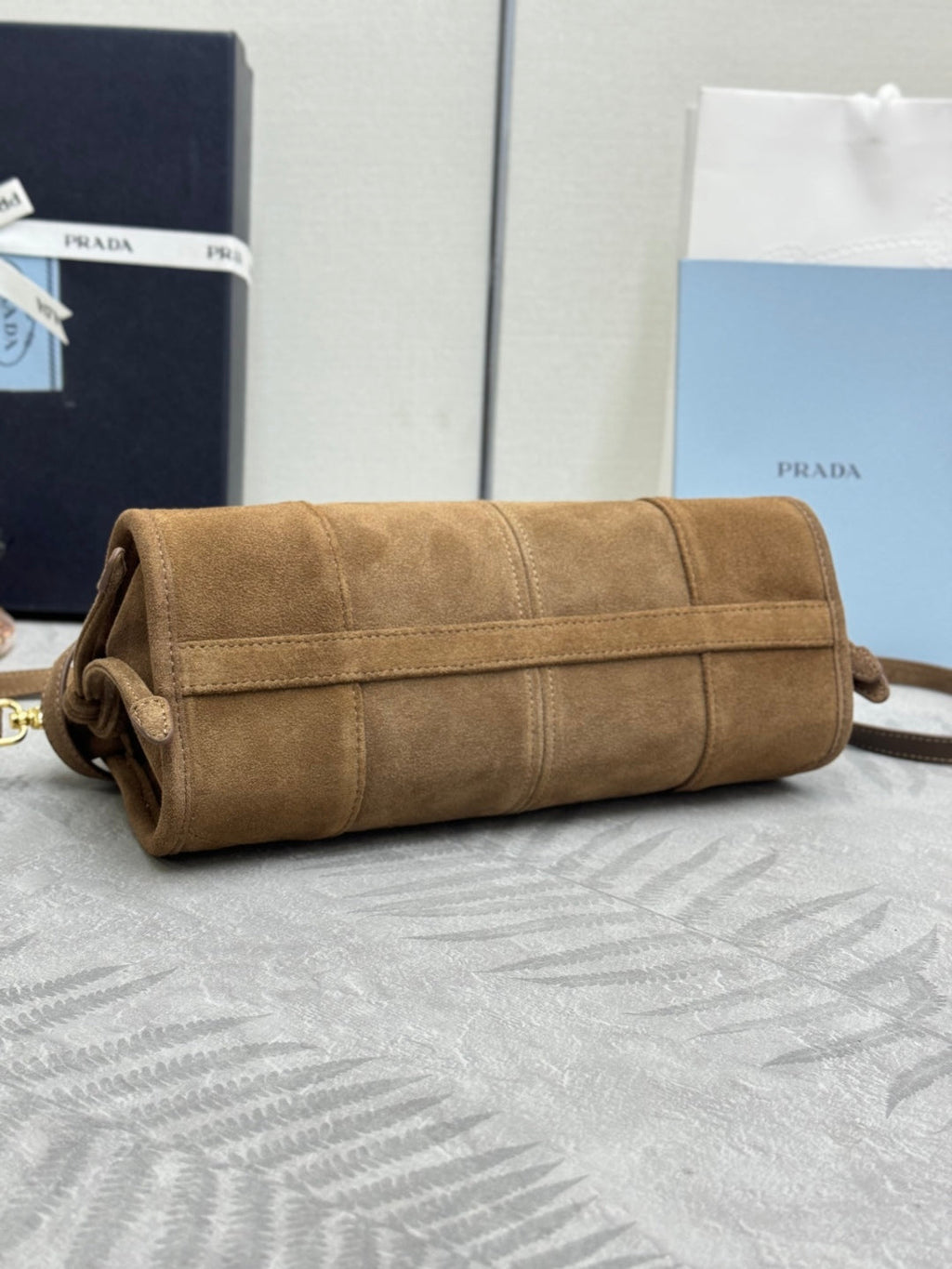 PRADA 25S BONNIE SMALL SHOULDER BAG 26 IN BROWN SUEDE GOLD HARDWARE