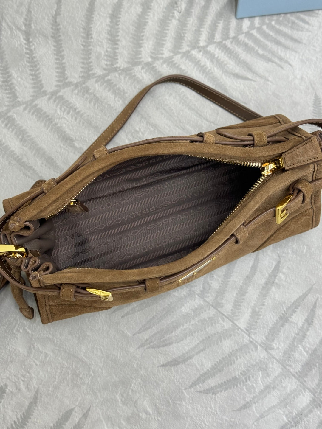 PRADA 25S BONNIE SMALL SHOULDER BAG 26 IN BROWN SUEDE GOLD HARDWRE