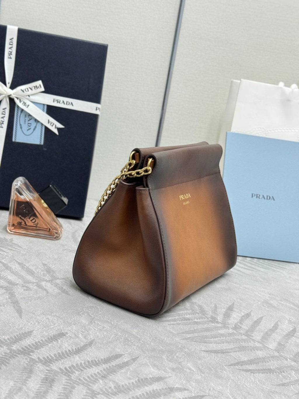 PRADA 25S ENCHAINE MINI BAG 22 IN COGNAC CALFSKIN GOLD HARDWRE