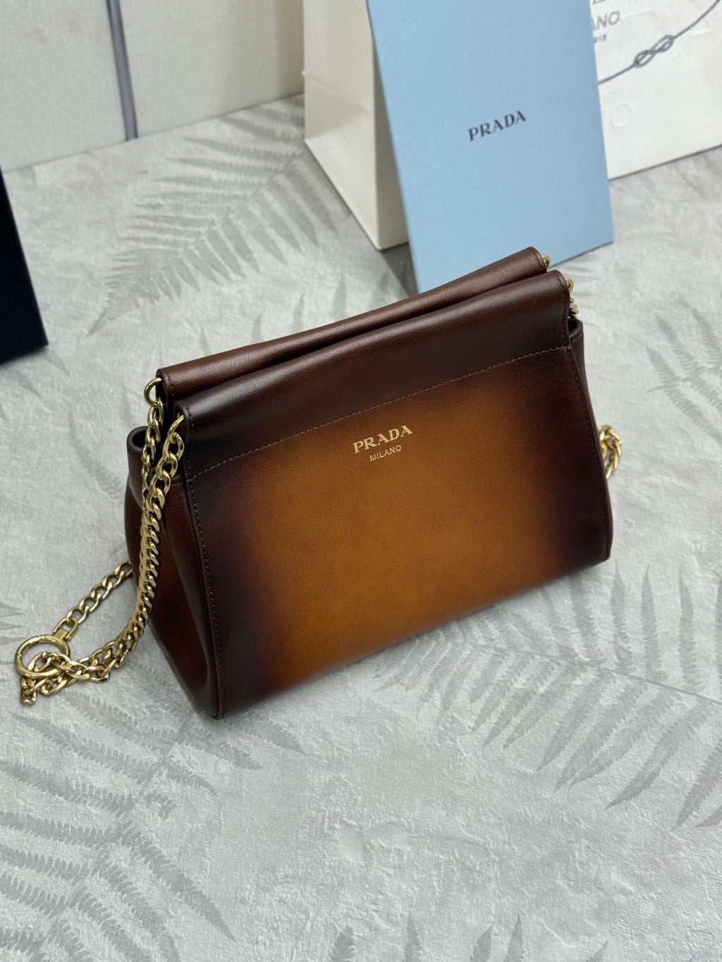 PRADA 25S ENCHAINE MINI BAG 22 IN COGNAC CALFSKIN GOLD HARDWRE