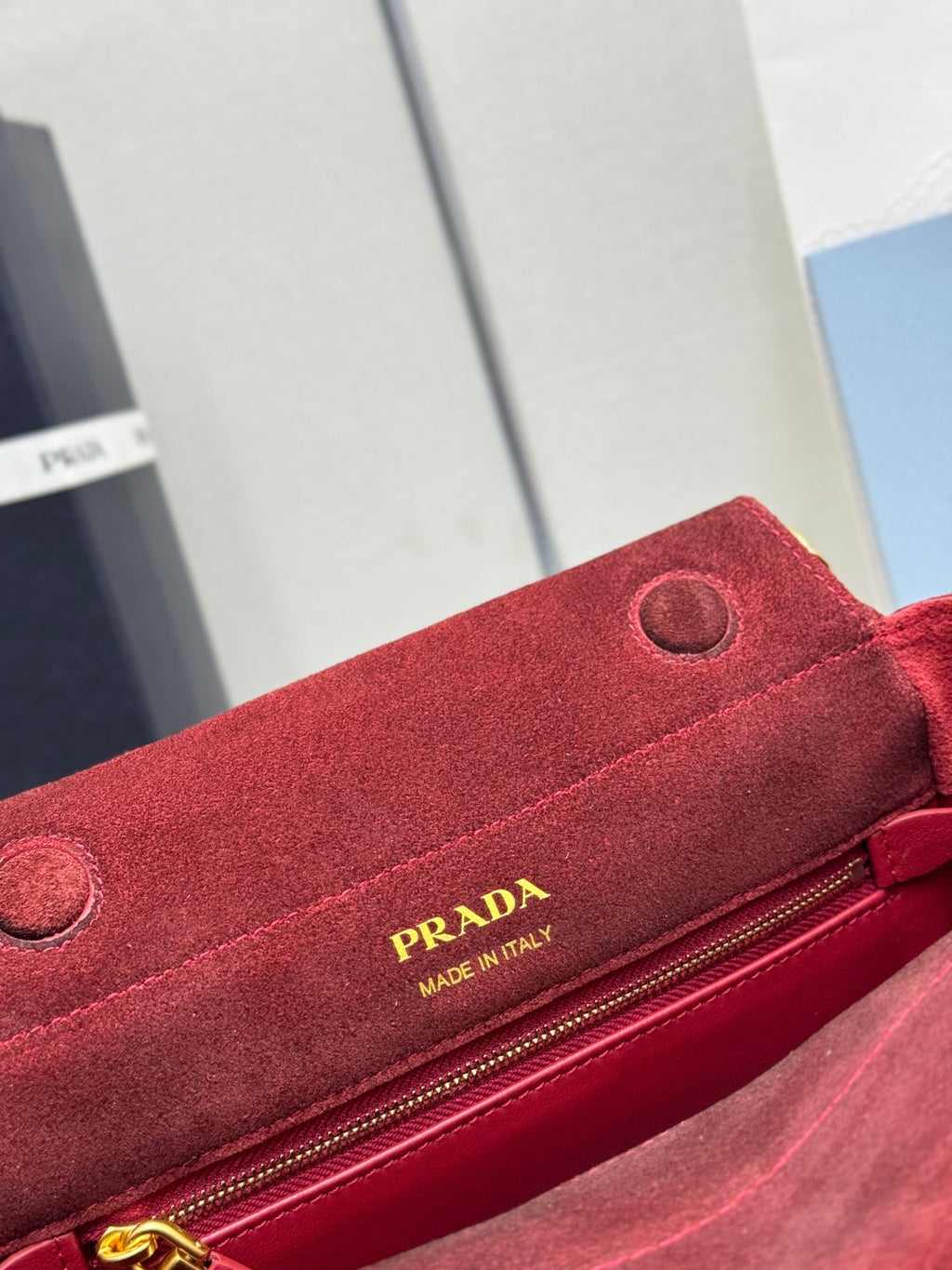 PRADA 25S ENCHAINE MINI BAG 22 IN RUBY RED SUEDE GOLD HARDWARE