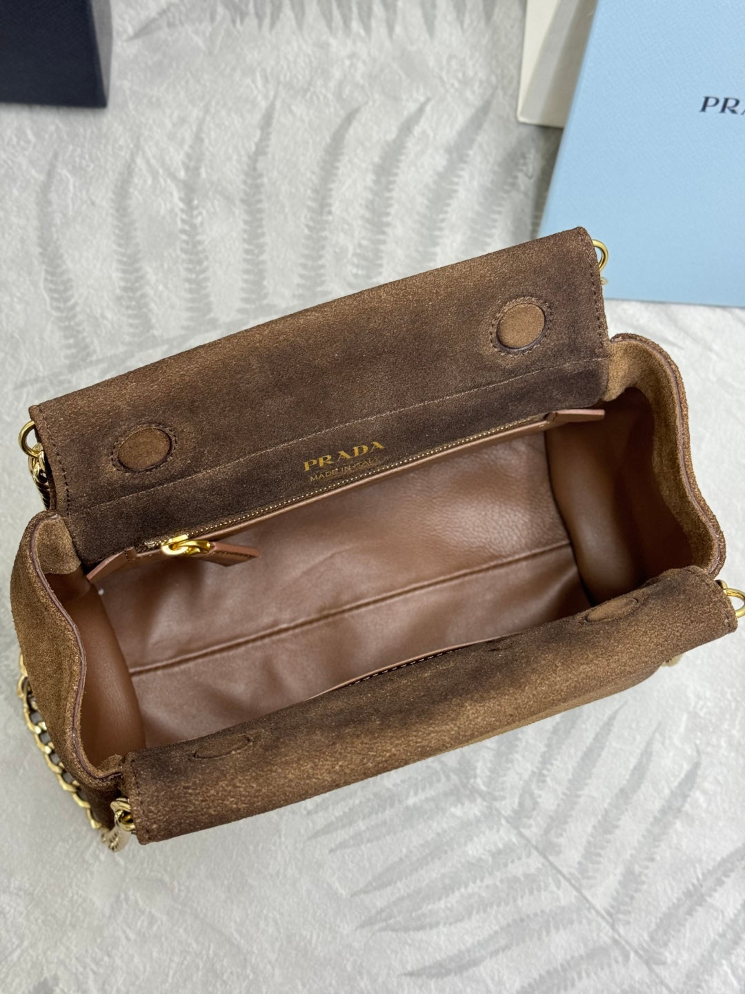 PRADA 25S ENCHAINE MINI BAG 22 IN CARAMEL BROWN SUEDE GOLD HARDWRE