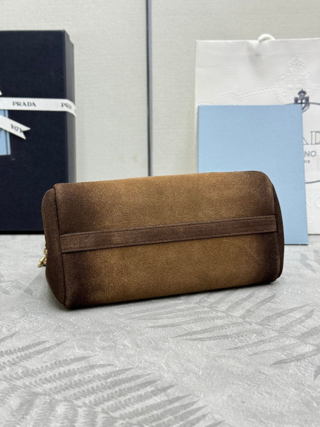 PRADA 25S ENCHAINE MINI BAG 22 IN CARAMEL BROWN SUEDE GOLD HARDWRE