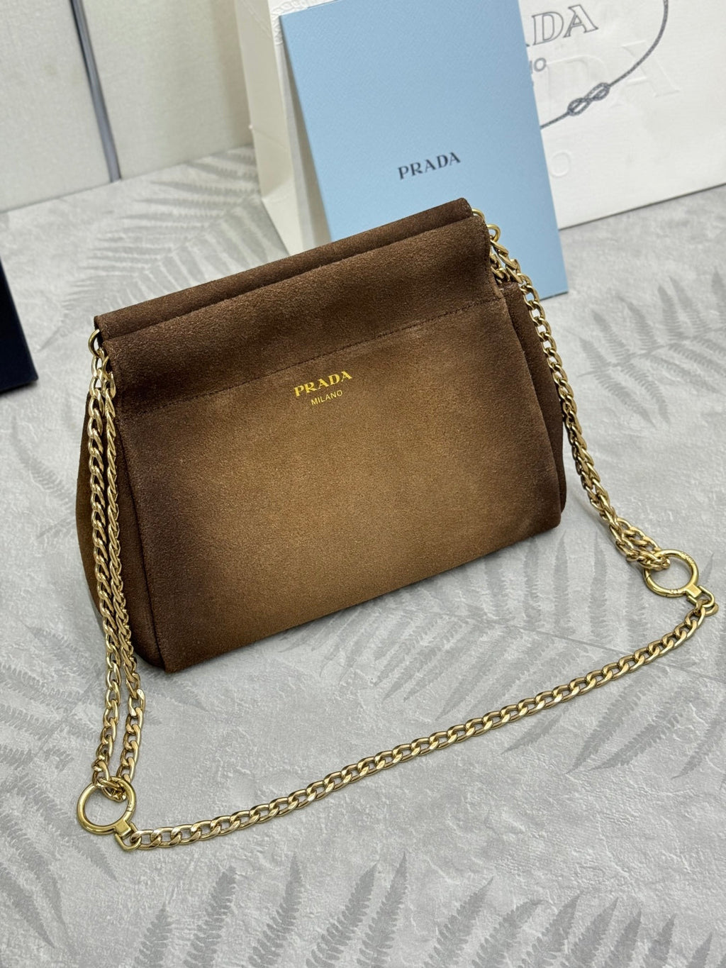 PRADA 25S ENCHAINE MINI BAG 22 IN CARAMEL BROWN SUEDE GOLD HARDWRE