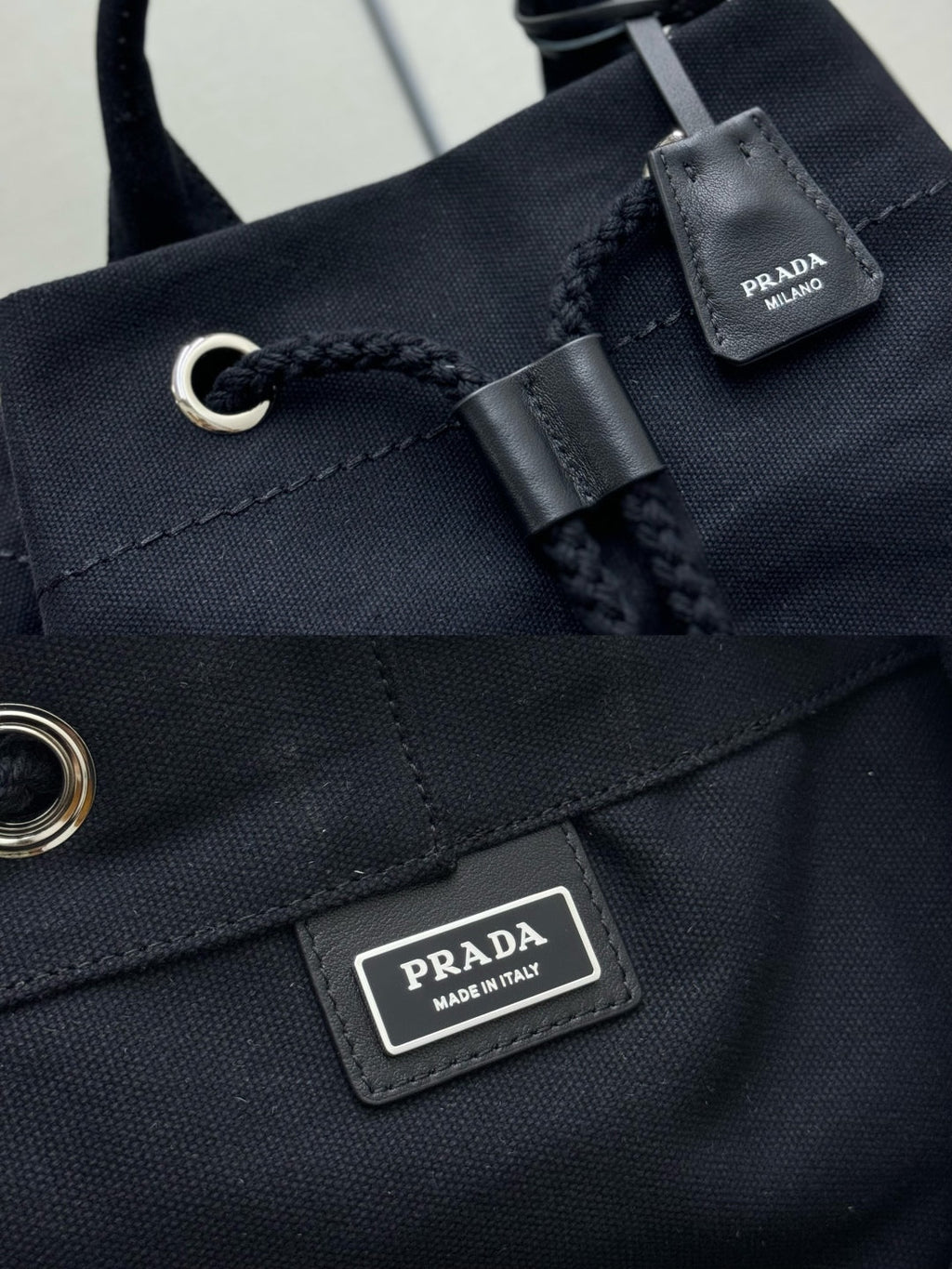 PRADA 25S DRAWSTRING BACKPACK 55 IN BLACK CANVAS LINEN SILVER HARDWARE