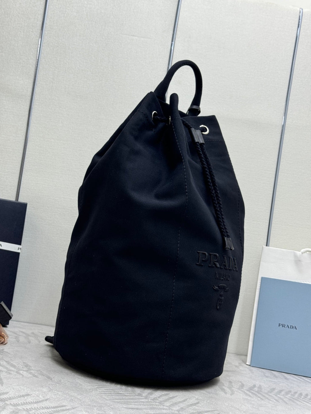 PRADA 25S DRAWSTRING BACKPACK 55 IN BLACK CANVAS LINEN SILVER HARDWRE