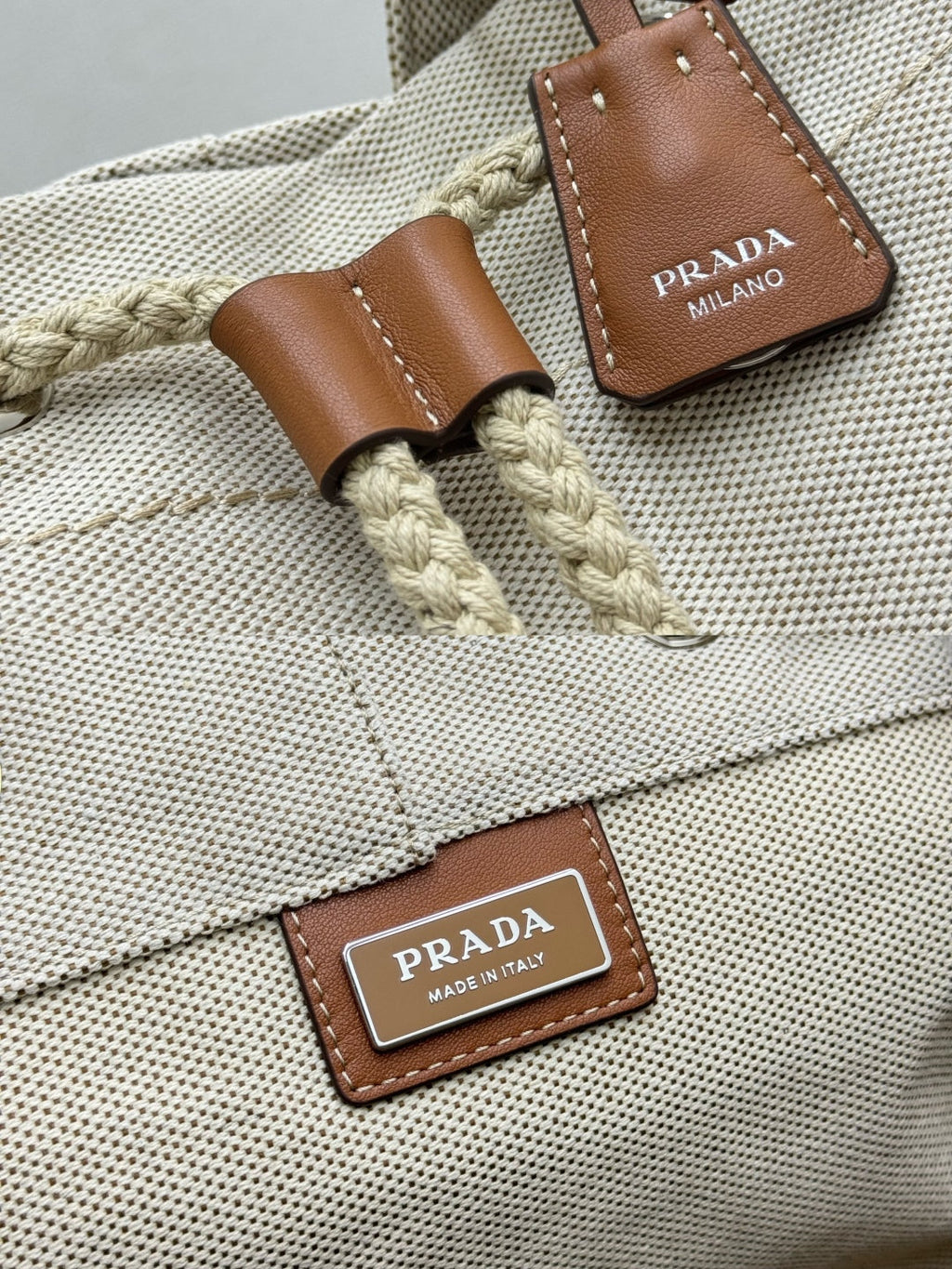 PRADA 25S DRAWSTRING BACKPACK 55 IN BEIGE CANVAS LINEN SILVER HARDWRE